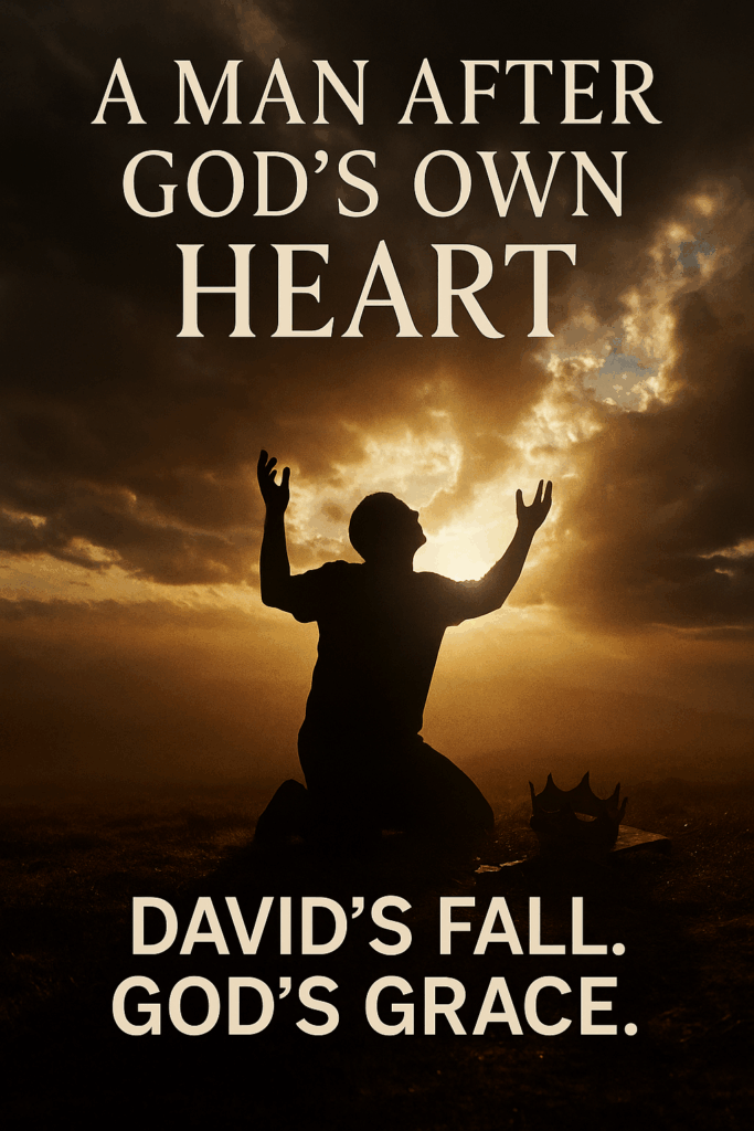 A silhouette of a man kneeling with arms raised toward a glowing sunset sky, symbolizing repentance. A broken crown lies beside him on the ground. The image includes the text: “A Man After God’s Own Heart” at the top and “David’s Fall. God’s Grace.” at the bottom, highlighting the theme of redemption through failure.