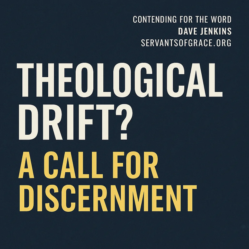 Dark blue promotional graphic with bold white text reading “Theological Drift?” and yellow subtitle “A Call for Discernment.” In the top right corner, small white text reads “Contending for the Word – Dave Jenkins | servantsofgrace.org.” Clean and minimal layout suitable for YouTube, blog, and SermonAudio platforms.