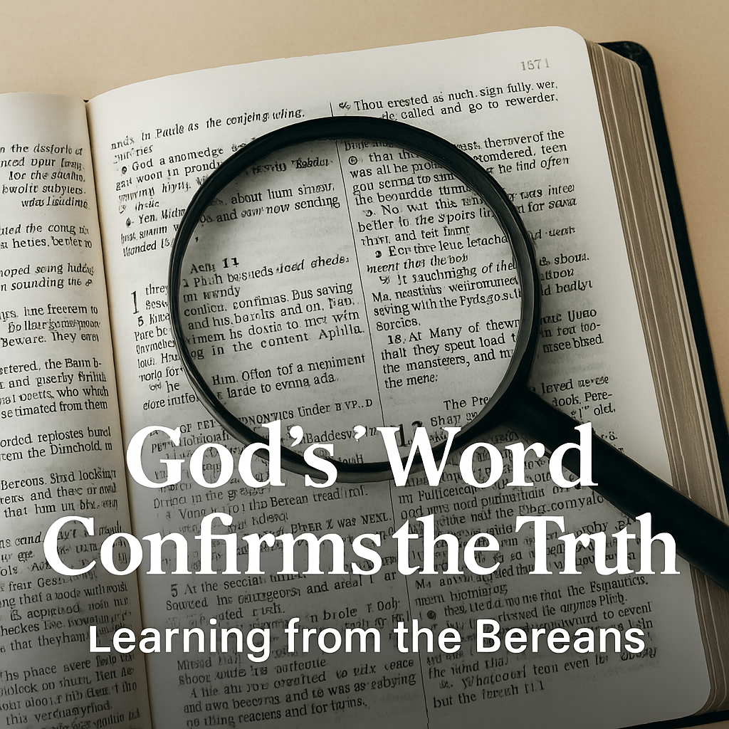Open Bible with magnifying glass over Acts 17, highlighting Berea and Thessalonica, with text overlay: ‘God’s Word Confirms the Truth – Learning from the Bereans