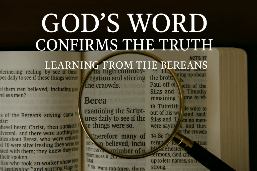 Open Bible with magnifying glass over Acts 17, highlighting Berea and Thessalonica, with text overlay: ‘God’s Word Confirms the Truth – Learning from the Bereans