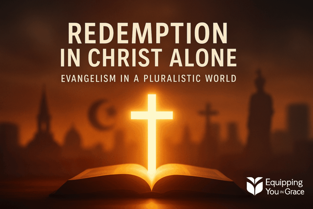 An open Bible glows warmly as a radiant cross rises from its pages, illuminating a shadowy background filled with faint silhouettes of religious and cultural symbols. Bold text above reads “Redemption in Christ Alone” with the subtitle “Evangelism in a Pluralistic World.” The Equipping You in Grace logo appears in the bottom right.