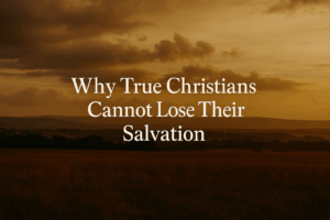 Sunset over open field with title text: ‘Why True Christians Cannot Lose Their Salvation’ in bold serif font, set against golden skies and distant hills.