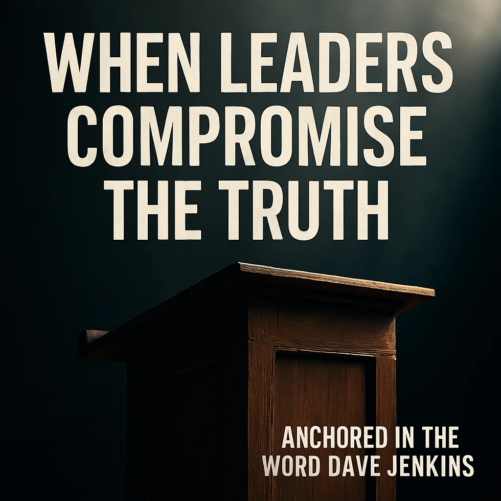 A dimly lit wooden pulpit stands under a moody spotlight with bold text above it reading ‘When Leaders Compromise the Truth.’ In the corner, it says ‘Anchored in the Word with Dave Jenkins.’ The image conveys a serious and reflective tone about compromised Christian leadership.