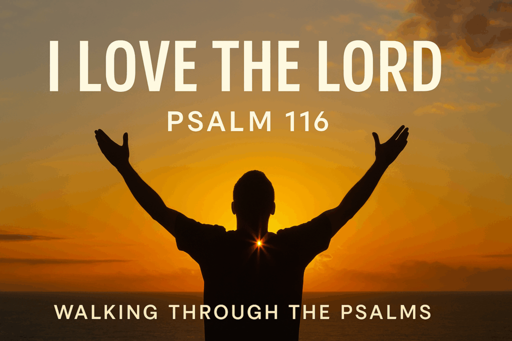 A silhouette of a person with outstretched arms standing before a glowing sunset over the ocean, symbolizing praise and gratitude to the Lord, with the text “I LOVE THE LORD – PSALM 116 – WALKING THROUGH THE PSALMS” displayed above and below.