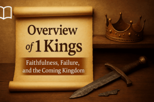 Ancient scroll with crown and broken sword representing the themes of 1 Kings: failure of earthly kings and the coming of Christ the true King.