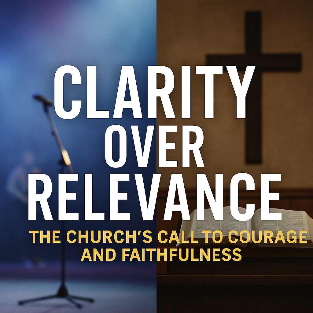 Split-screen graphic showing a modern stage church setup on the left in cool blue tones, contrasted with a traditional wooden pulpit and open Bible on the right in warm earth tones. Bold white text reads "Clarity Over Relevance" with a yellow subtitle: "The Church’s Call to Courage and Faithfulness.