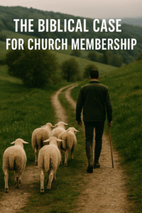 A shepherd walks ahead of a small flock along a dirt path through green hills, representing pastoral care, church leadership, and biblical accountability in the local church.