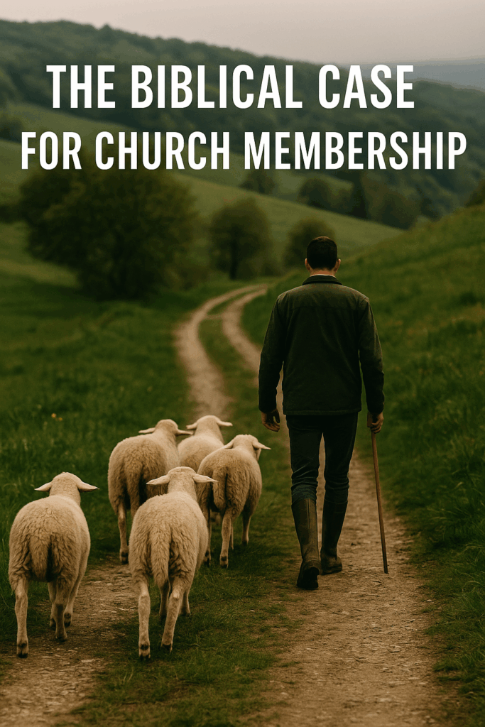 A shepherd walks ahead of a small flock along a dirt path through green hills, representing pastoral care, church leadership, and biblical accountability in the local church.