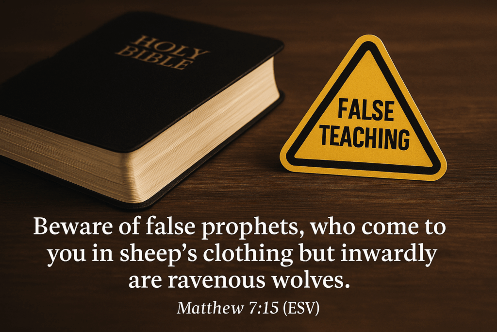 Holy Bible next to a yellow warning sign labeled “False Teaching,” with Matthew 7:15 overlaid: “Beware of false prophets, who come to you in sheep’s clothing but inwardly are ravenous wolves.