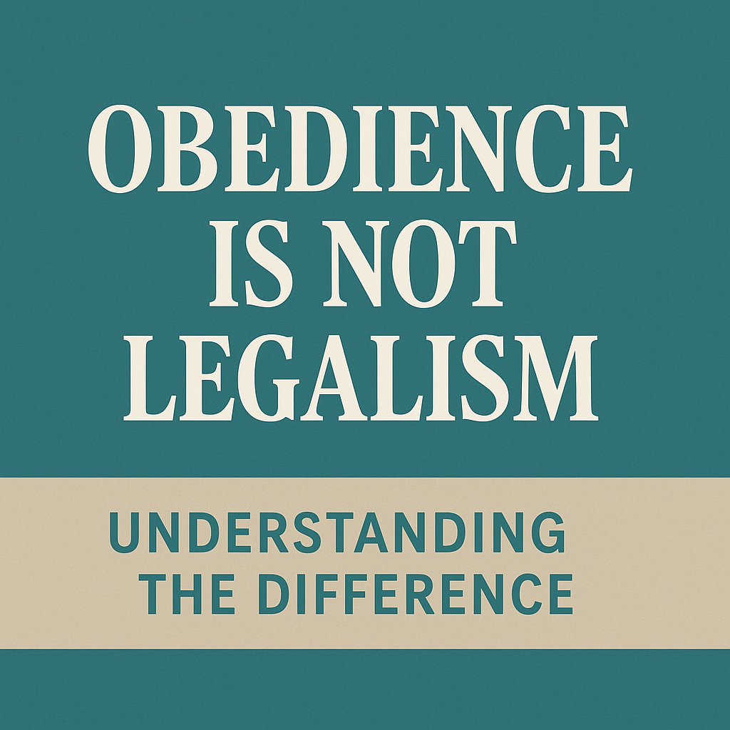 A bold typographic graphic with the title 'Obedience Is Not Legalism: Understanding the Difference' centered on a teal and beige background