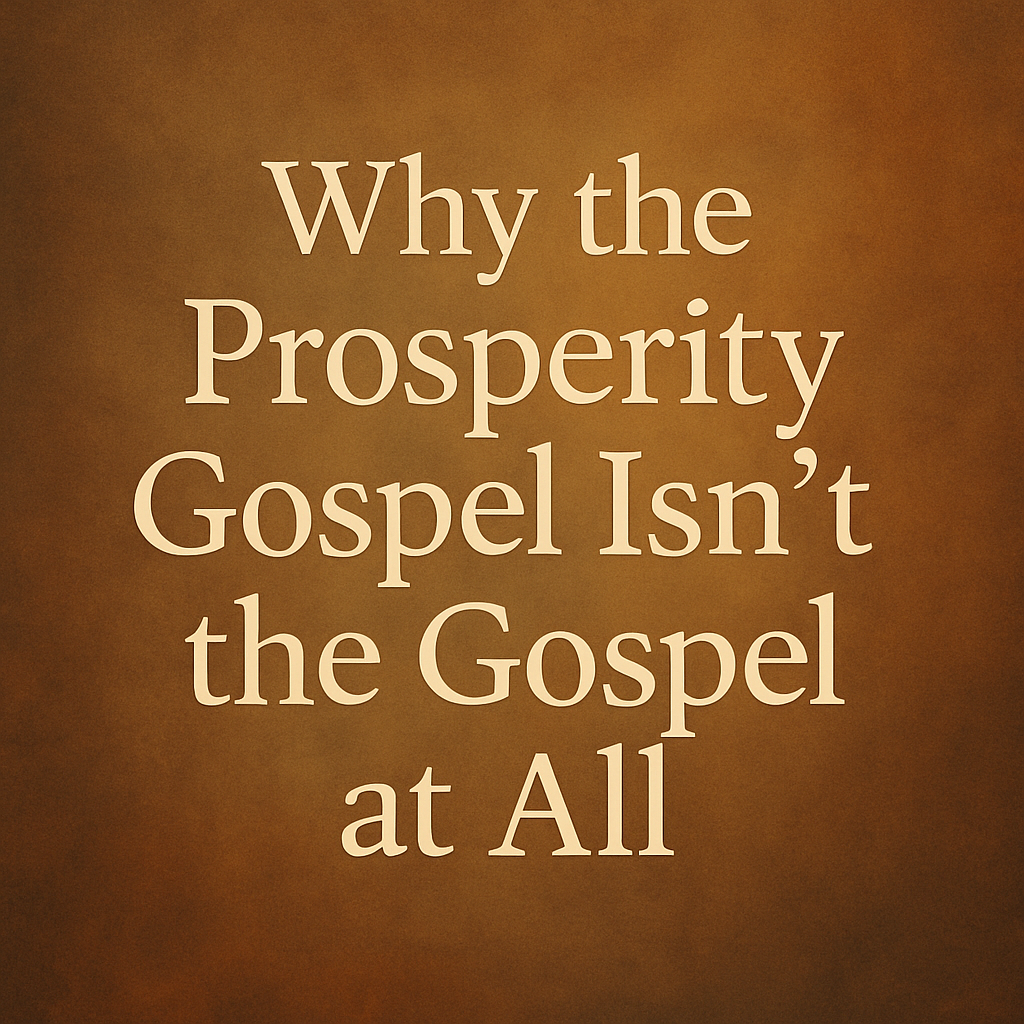 A digital image with the title “Why the Prosperity Gospel Isn’t the Gospel at All” in large cream-colored serif font, centered on a warm, textured brown and ochre background. The design is clean and visually balanced, emphasizing the article’s critique of prosperity theology.