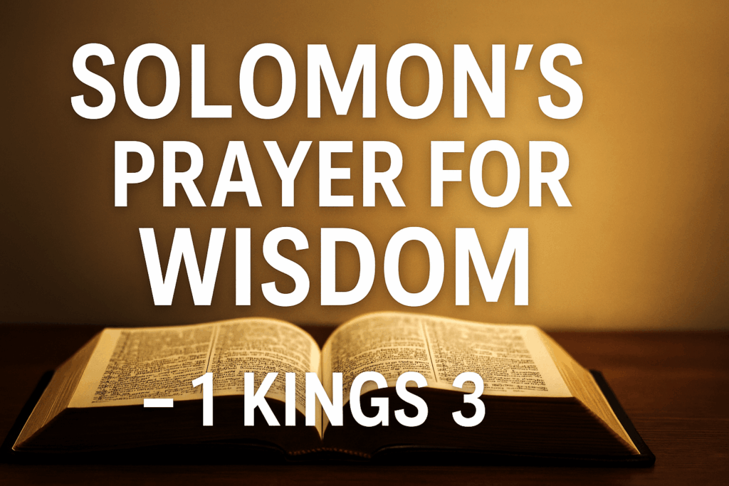 An open Bible sits on a wooden table under warm golden lighting, with bold white text overlaid that reads, "Solomon’s Prayer for Wisdom – 1 Kings 3." The background is softly blurred, drawing attention to the Scripture and message.