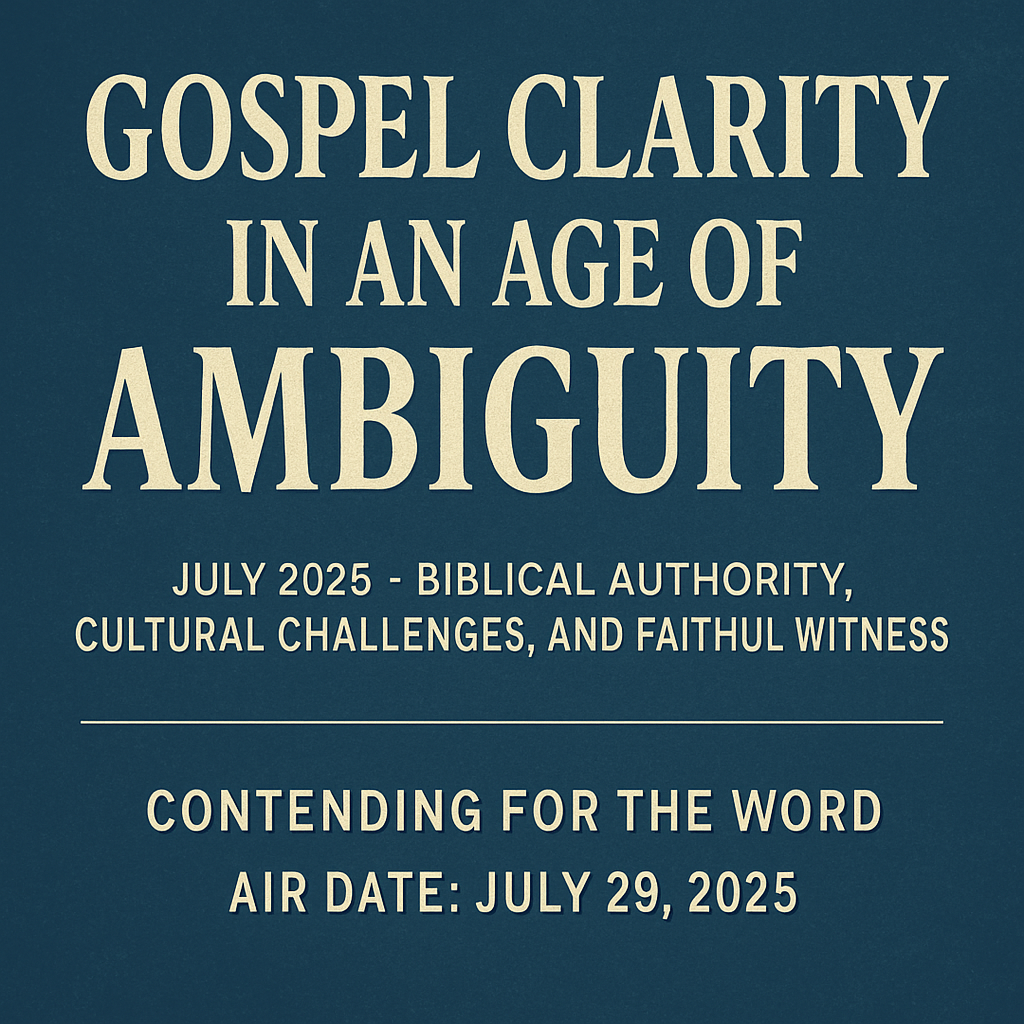 Promotional graphic with a dark blue textured background and bold cream-colored text that reads: "Gospel Clarity in an Age of Ambiguity." Below, smaller text states: "July 2025 – Biblical Authority, Cultural Challenges, and Faithful Witness." The footer reads: "Contending for the Word – Air Date: July 29, 2025." No people or imagery are included—just text in a clean, serif font.