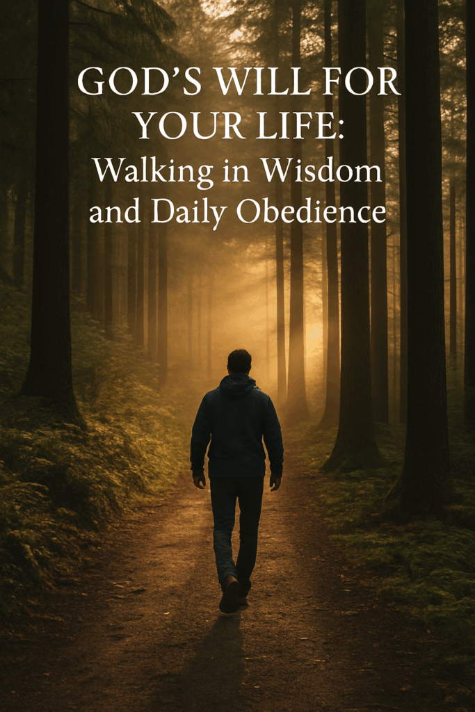 God's Will. A real man walks alone down a forest path surrounded by tall trees, with golden morning light shining ahead, symbolizing obedience, trust, and God's guidance.
