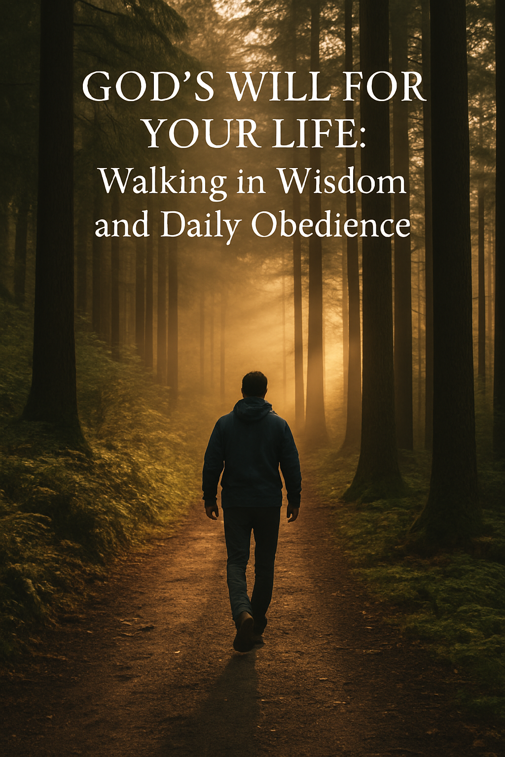 God's Will. A real man walks alone down a forest path surrounded by tall trees, with golden morning light shining ahead, symbolizing obedience, trust, and God's guidance.
