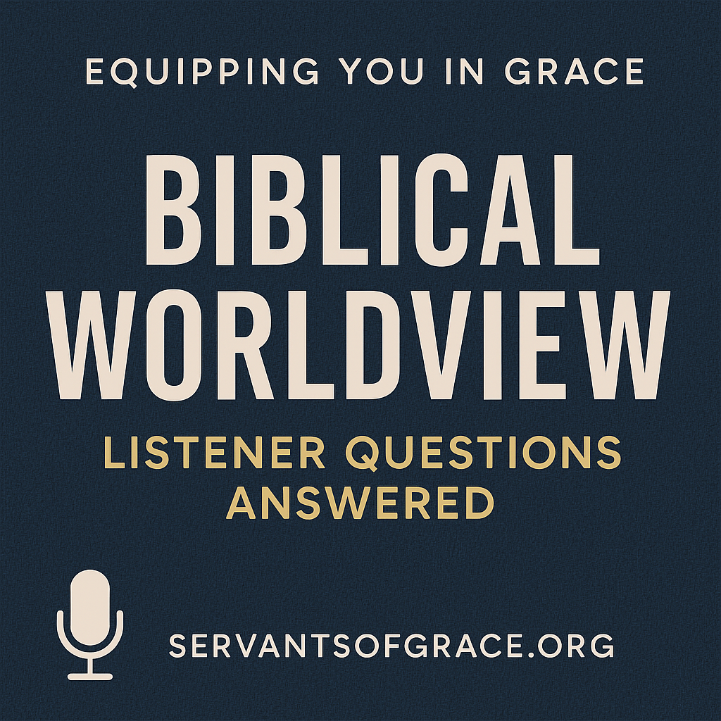 A dark blue textured graphic with bold white text reading "Biblical Worldview" and smaller gold text underneath saying "Listener Questions Answered." The top reads "Equipping You in Grace," and the bottom includes a microphone icon and the website "servantsofgrace.org."