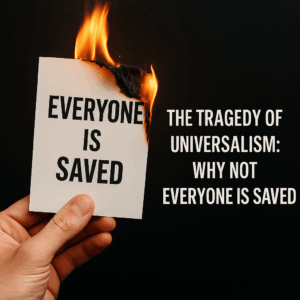 A hand holds a white paper reading “Everyone Is Saved” as flames burn through the top edge, symbolizing the destruction of false teaching. To the right, bold text reads, “The Tragedy of Universalism: Why Not Everyone Is Saved,” highlighting the danger of universalism and the exclusivity of the gospel.