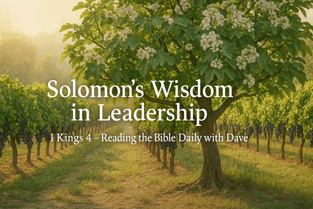 A peaceful vineyard bathed in golden sunlight with a blooming fig tree in the foreground. Overlaid text reads: “Solomon’s Wisdom in Leadership – 1 Kings 4 – Reading the Bible Daily with Dave.” The image symbolizes the peace and order of Solomon’s reign under God’s wisdom.
