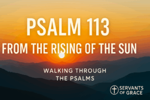 Sunrise over blue mountain ridges with golden light filling the sky. Bold white text reads “Psalm 113 – From the Rising of the Sun.” Smaller text below says “Walking Through the Psalms,” with the Servants of Grace logo in the bottom corner.