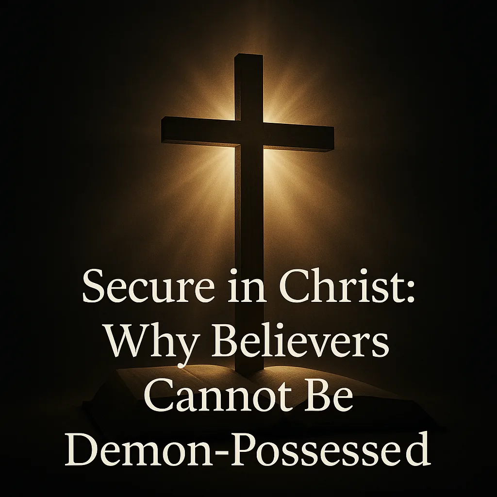 A wooden cross casting a radiant light into darkness with the title text "Secure in Christ: Why Believers Cannot Be Demon-Possessed"