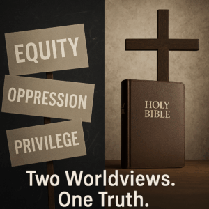 Split image showing two contrasting worldviews. On the left, protest signs labeled “Equity,” “Oppression,” and “Privilege” represent Critical Theory against a dark background. On the right, a closed Holy Bible and a wooden cross stand on a warm-toned surface, symbolizing Biblical Christianity. The caption below reads: “Two Worldviews. One Truth.