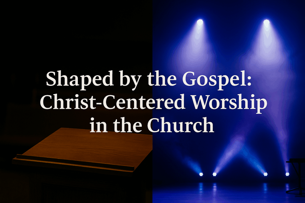 A split image showing a traditional wooden pulpit with an open Bible on the left and a modern worship stage with bright lights and fog on the right, illustrating the contrast between Christ-centered and culture-shaped worship.
