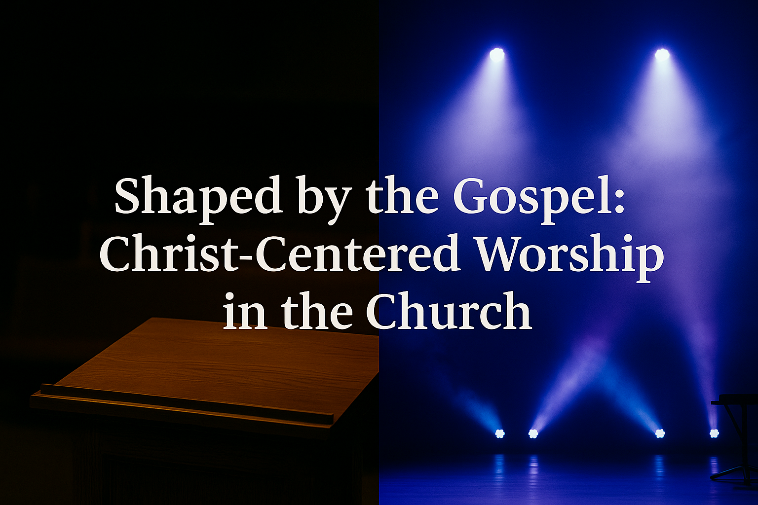 A split image showing a traditional wooden pulpit with an open Bible on the left and a modern worship stage with bright lights and fog on the right, illustrating the contrast between Christ-centered and culture-shaped worship.