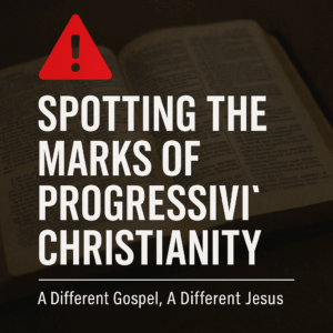 Warning symbol over an open Bible with the title “Spotting the Marks of Progressive Christianity – A Different Gospel, A Different Jesus.