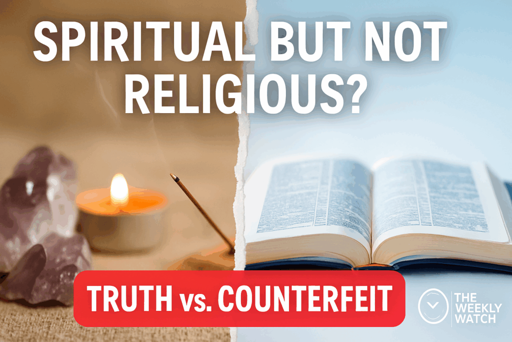 Thumbnail for The Weekly Watch episode showing a split image: left side with a blurred candle, incense, and amethyst crystal representing vague spirituality; right side with an open Bible in sharp focus symbolizing biblical truth. Text reads “SPIRITUAL BUT NOT RELIGIOUS?” and “TRUTH vs. COUNTERFEIT.
