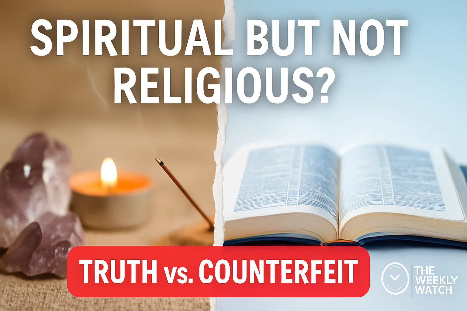 Thumbnail for The Weekly Watch episode showing a split image: left side with a blurred candle, incense, and amethyst crystal representing vague spirituality; right side with an open Bible in sharp focus symbolizing biblical truth. Text reads “SPIRITUAL BUT NOT RELIGIOUS?” and “TRUTH vs. COUNTERFEIT.
