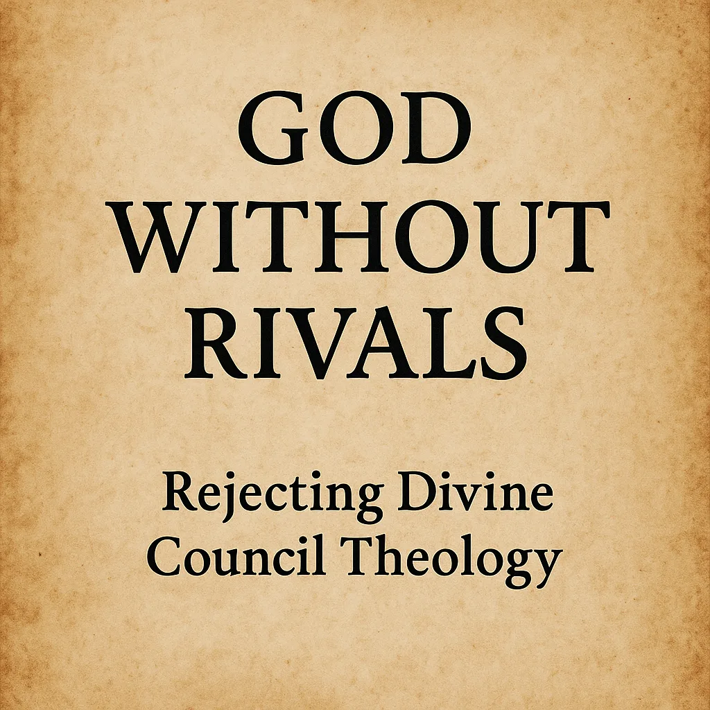 Parchment background with the title God Without Rivals and the subtitle Rejecting Divine Council Theology centered in elegant serif font.