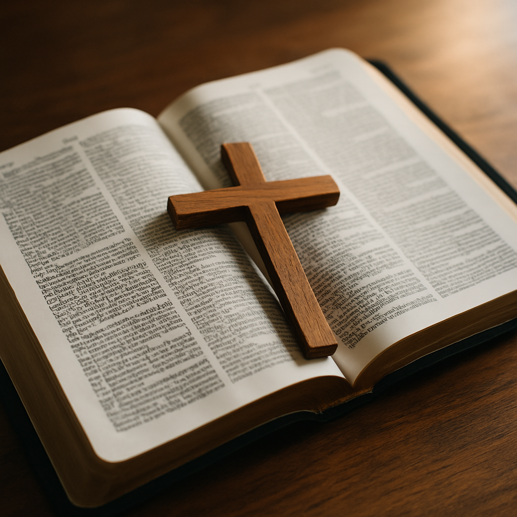 Wooden cross resting diagonally on an open Bible, symbolizing the victory of Christ and the authority of Scripture over spiritual darkness.