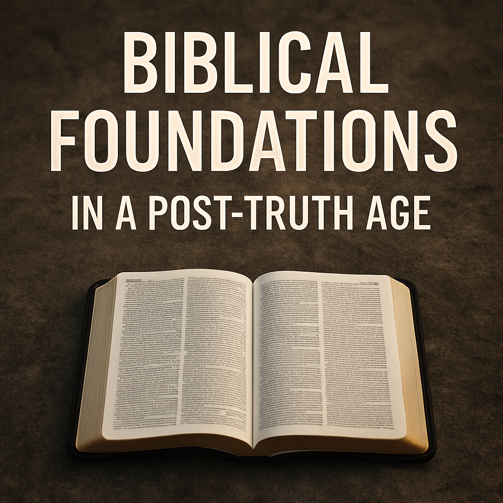 Open Bible resting on a textured rock surface with warm lighting, symbolizing unshakable biblical foundations. Bold title text reads “Biblical Foundations in a Post-Truth Age.