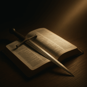 Open Bible resting on a wooden table with a sword laid diagonally across its pages, illuminated by warm golden light, symbolizing truth and spiritual warfare.