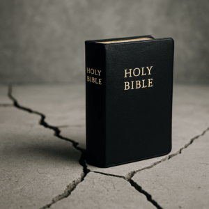 A black leather Holy Bible standing upright on a cracked concrete surface, symbolizing the stability of God’s Word amid cultural and spiritual collapse.