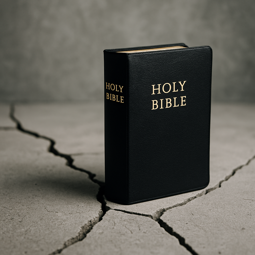 A black leather Holy Bible standing upright on a cracked concrete surface, symbolizing the stability of God’s Word amid cultural and spiritual collapse.
