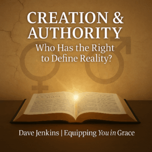 Creation and Authority podcast episode graphic featuring an open Bible glowing with light on Genesis 1, over a parchment background with faded male and female gender symbols, and the title text: 'Creation & Authority – Who Has the Right to Define Reality?' by Dave Jenkins, Equipping You in Grace.