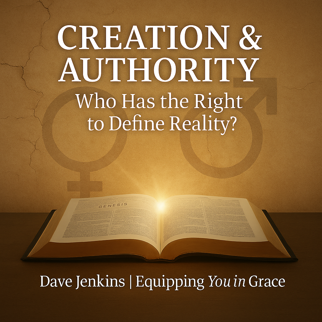 Creation and Authority podcast episode graphic featuring an open Bible glowing with light on Genesis 1, over a parchment background with faded male and female gender symbols, and the title text: 'Creation & Authority – Who Has the Right to Define Reality?' by Dave Jenkins, Equipping You in Grace.
