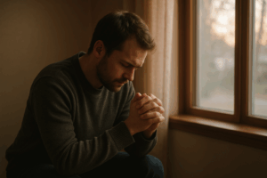 1 A young man kneeling in prayer beside a window at dawn, quietly reflecting in soft morning light — symbolizing the struggle and hope of returning to prayer.