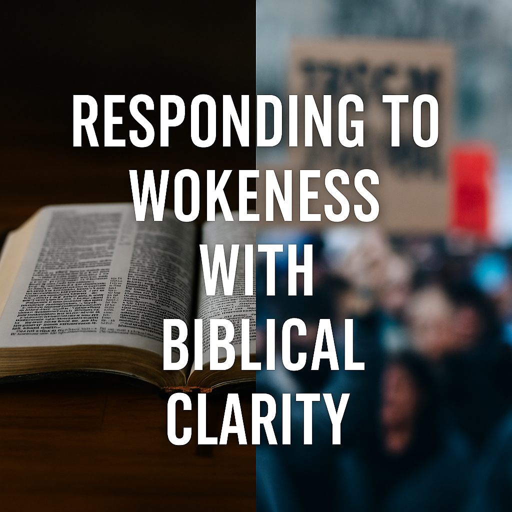An open Bible on a wooden table is sharply focused on the left side of the image, contrasted with a blurred protest crowd and signs on the right side. Overlaid text reads: ‘Responding to Wokeness with Biblical Clarity.