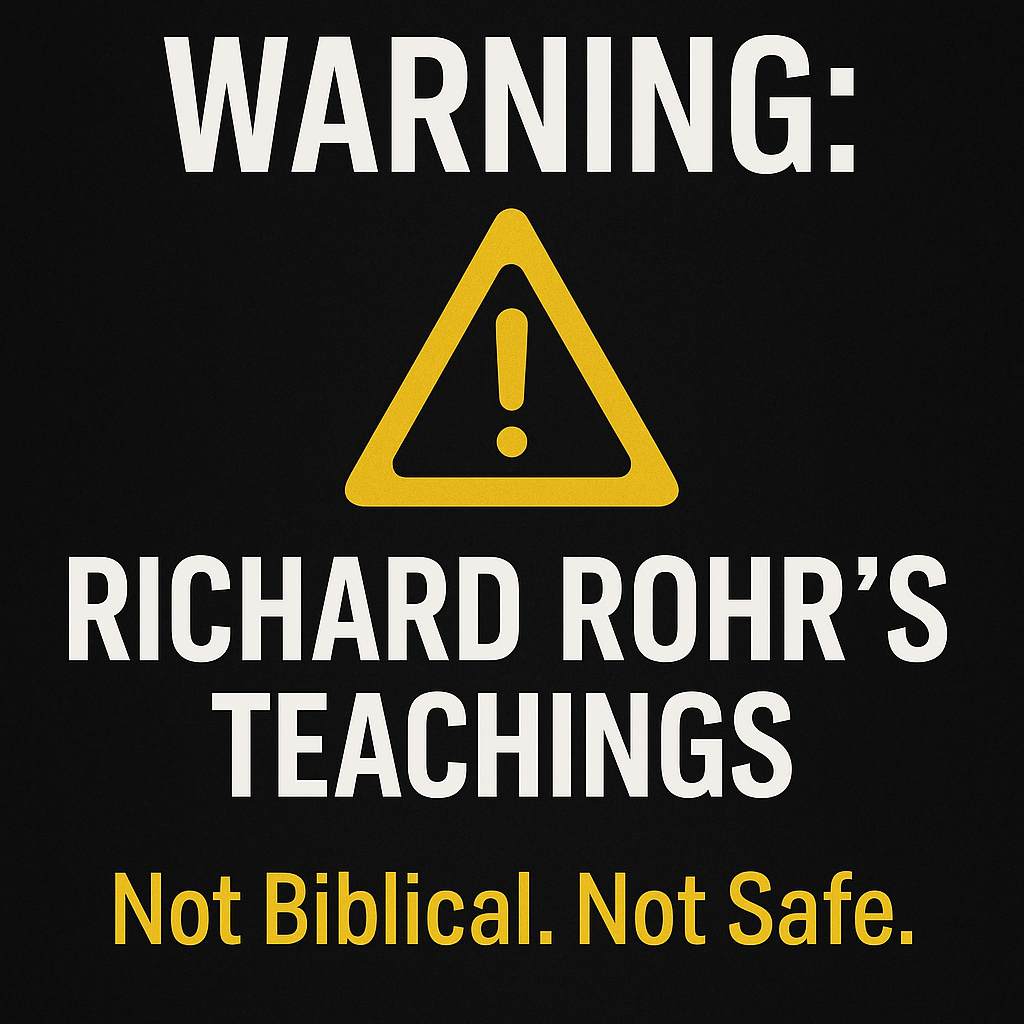 Black background thumbnail with a large yellow warning triangle containing an exclamation point. Bold white text above reads “WARNING:”, and below in white text “RICHARD ROHR’S TEACHINGS.” At the bottom, yellow text says “Not Biblical. Not Safe.