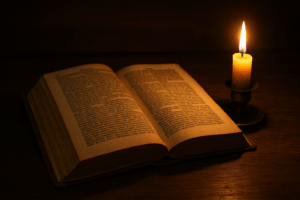 5 Open antique book illuminated by candlelight on a wooden table, symbolizing Puritan prayer and devotion.