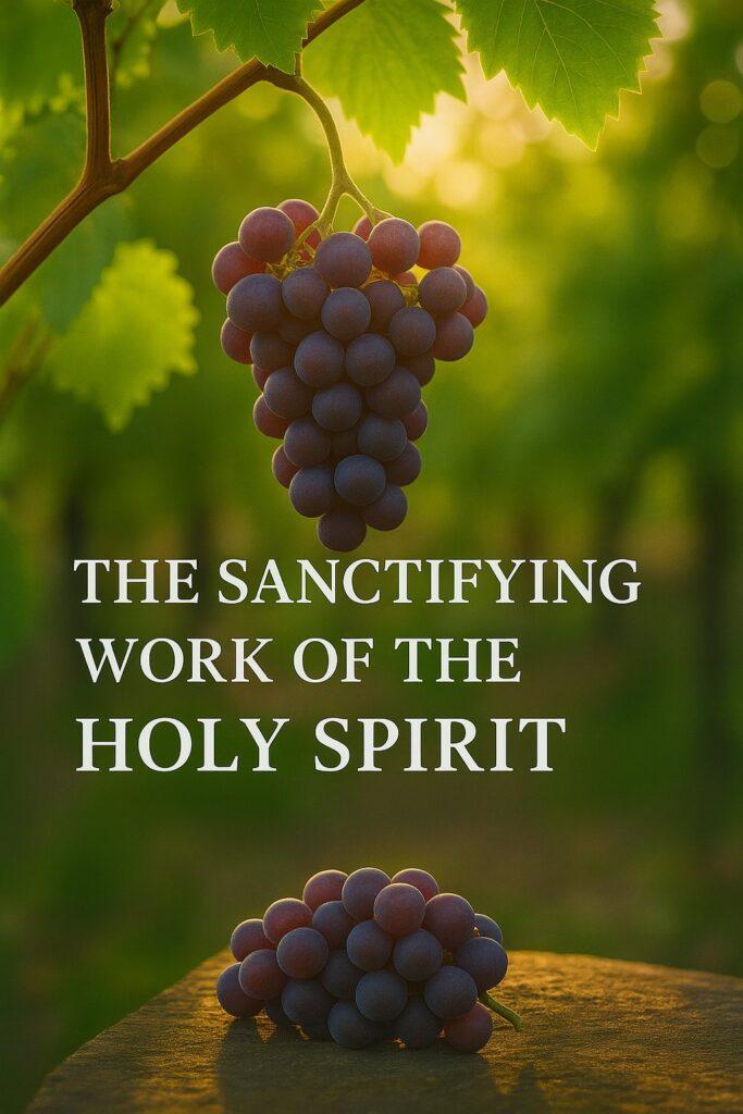 Grapevine with ripe purple grapes hanging in golden sunlight, with bold white text reading “The Sanctifying Work of the Holy Spirit,” symbolizing spiritual growth and the fruit of the Spirit.