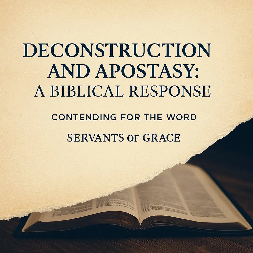 Open Bible on wood with a torn page revealing dark stone beneath; overlay text “Deconstruction and Apostasy—A Biblical Response.