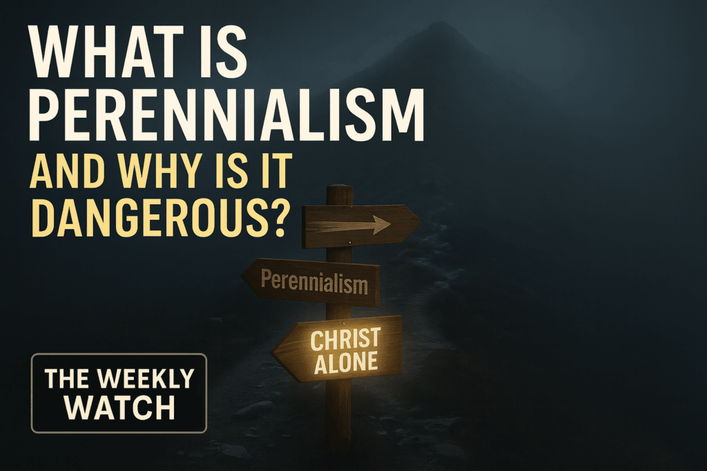 Dark, foggy mountain path with wooden signposts pointing in different directions—one labeled 'Perennialism' and the other glowing with the words 'CHRIST ALONE.' Bold white and yellow text reads 'What Is Perennialism and Why Is It Dangerous?' A 'The Weekly Watch' logo appears in the bottom left corner. The atmosphere is somber and moody, symbolizing spiritual confusion versus biblical clarity.
