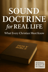 An open Bible rests on a wooden desk with warm light streaming through a softly blurred window in the background. Large bold serif text at the top reads “Sound Doctrine for Real Life” in white with a subtle drop shadow, followed by the subtitle “What Every Christian Must Know” in smaller font. In the lower right corner, a small badge reads “Rooted & Built Up in Christ.