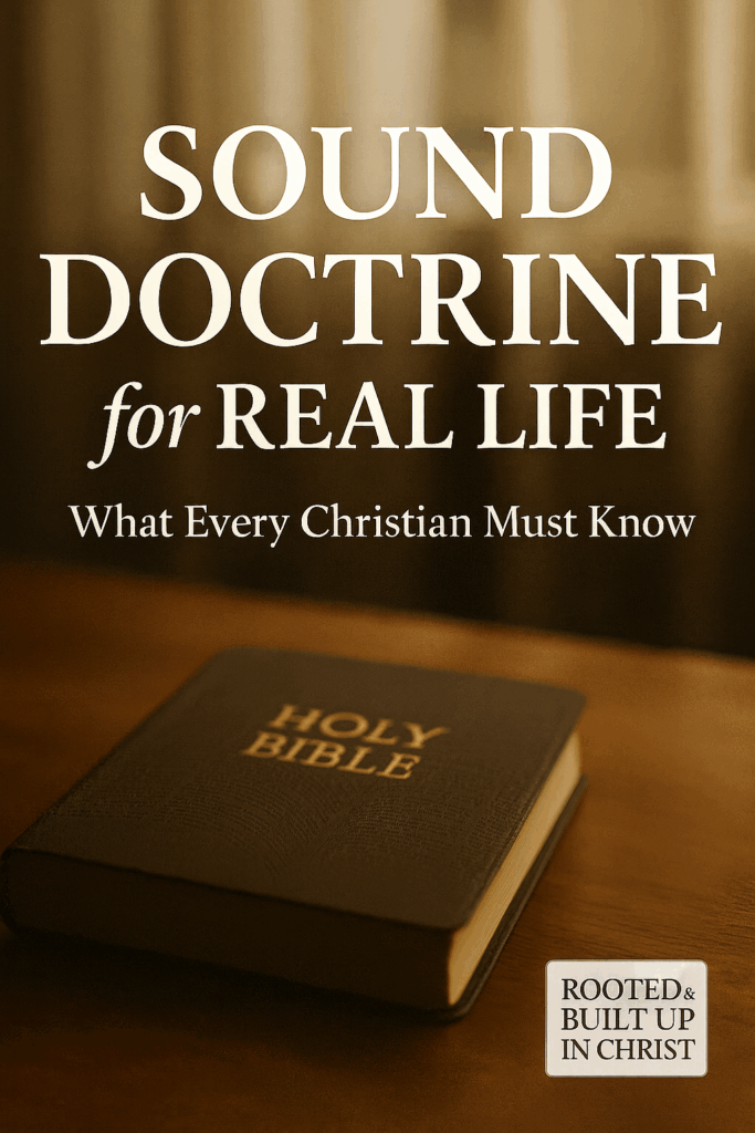 An open Bible rests on a wooden desk with warm light streaming through a softly blurred window in the background. Large bold serif text at the top reads “Sound Doctrine for Real Life” in white with a subtle drop shadow, followed by the subtitle “What Every Christian Must Know” in smaller font. In the lower right corner, a small badge reads “Rooted & Built Up in Christ.