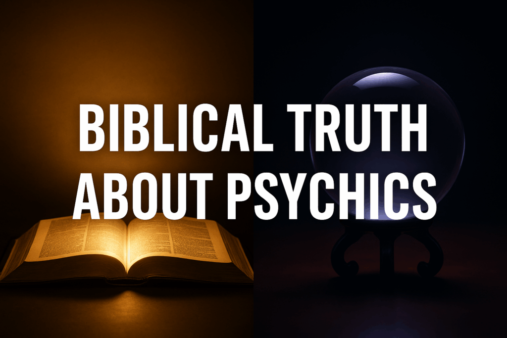 Split image with an open Bible glowing warmly on the left and a crystal ball in dim light on the right, symbolizing the contrast between God’s Word and psychic practices, with the title “Biblical Truth About Psychics” in bold white text across the center.
