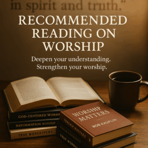Truth in Worship: Discernment, Theology, and the Songs We Sing 14 An open Bible on a wooden desk with a warm cup of coffee beside it, surrounded by stacked books titled 'Worship Matters,' 'God-Centered Worship,' 'Reformation Worship,' and 'True Worshipers,' with soft warm lighting and the overlaid text, 'Recommended Reading on Worship – Deepen your understanding. Strengthen your worship.