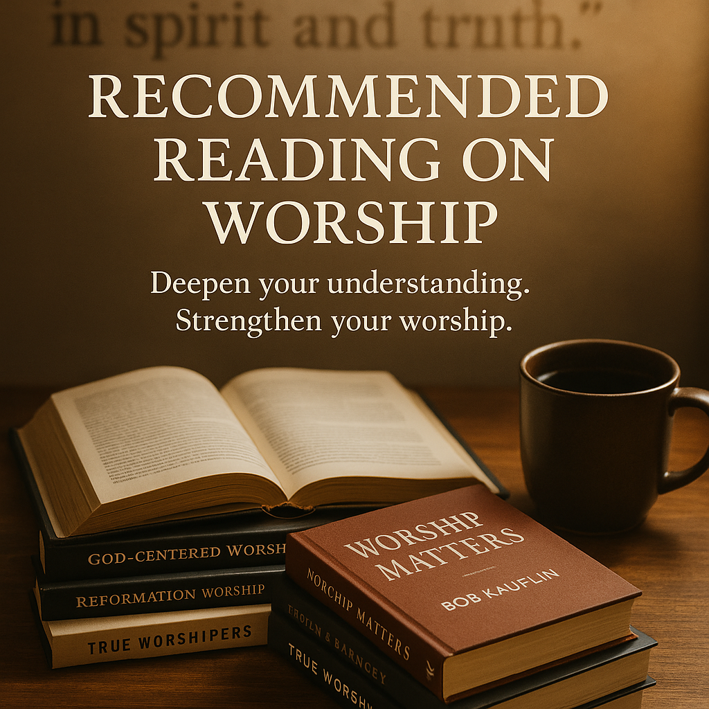 An open Bible on a wooden desk with a warm cup of coffee beside it, surrounded by stacked books titled 'Worship Matters,' 'God-Centered Worship,' 'Reformation Worship,' and 'True Worshipers,' with soft warm lighting and the overlaid text, 'Recommended Reading on Worship – Deepen your understanding. Strengthen your worship.